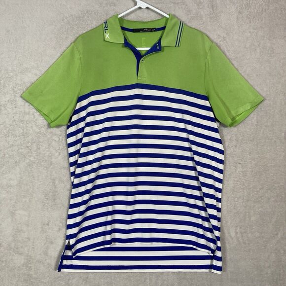 RLX Ralph Lauren Polo Shirt Mens Medium Green Striped Golf Performance - Picture 1 of 6